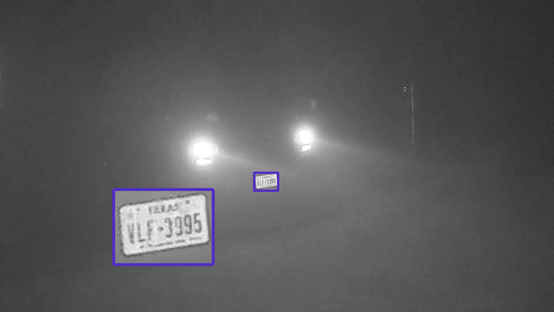 CLPS reading a Texas license plate through heavy fog and headlight glare at night